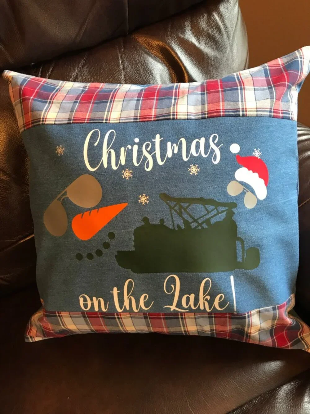 Holiday Lake Scene Pillow Cover, Appliqued Christmas on the Lake w/Pontoon 18x18